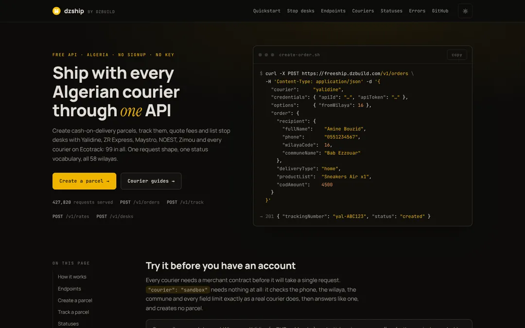 The dzship website: the create-order request with curl and the API response