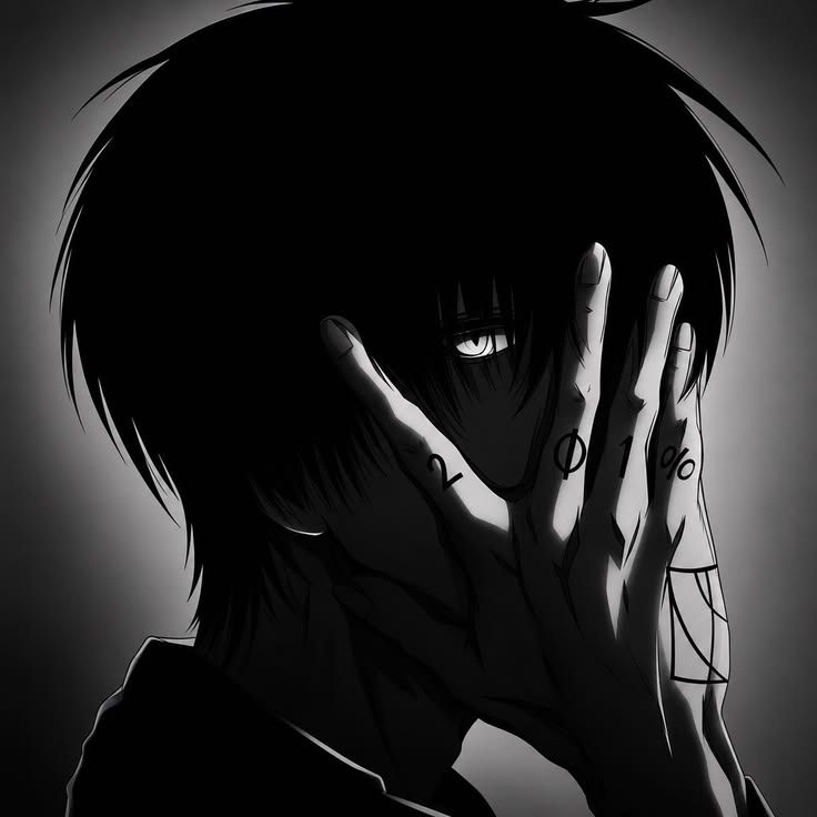 Black-and-white anime portrait of Yuuichi: dark hair over his face, one eye glowing between the fingers of a hand marked 2, Φ, 1 and %.